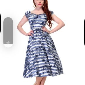 Collectif Dolores Doll Mahiki Blue Tropical Palm Tree Swing 1950s Dress vintage